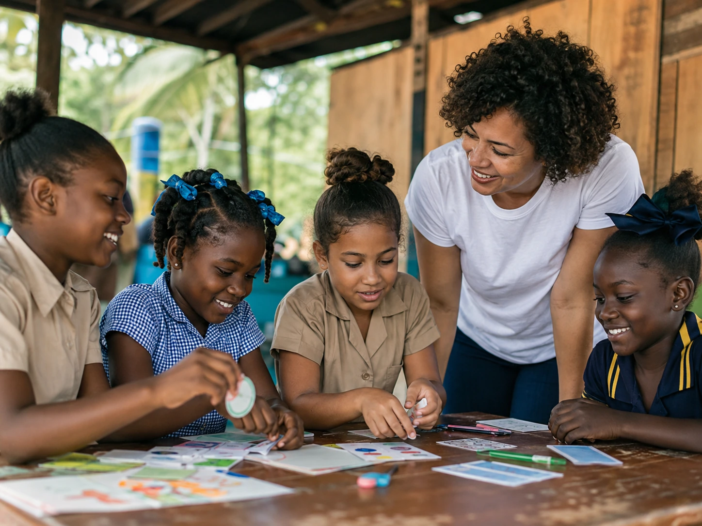 A diverse group of Black, Indo-Jamaican, Chinese-Jamaican and mixed-race children enjoying a creative learning activity