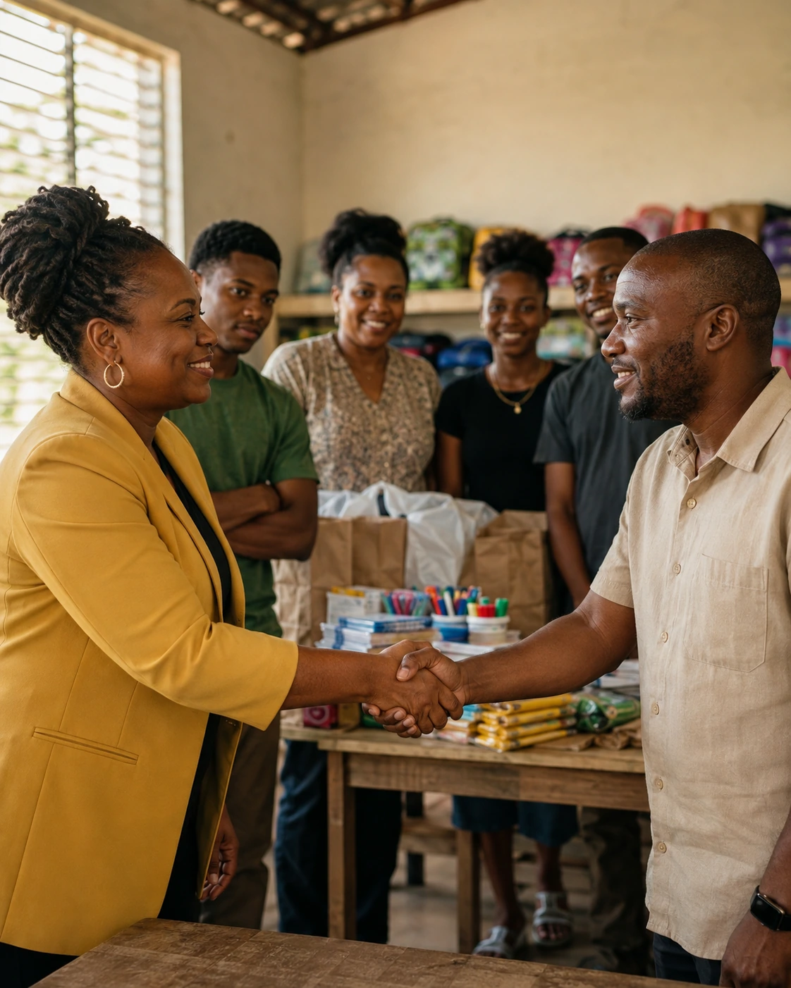 Jamaican community partners shaking hands beside volunteers and donated supplies